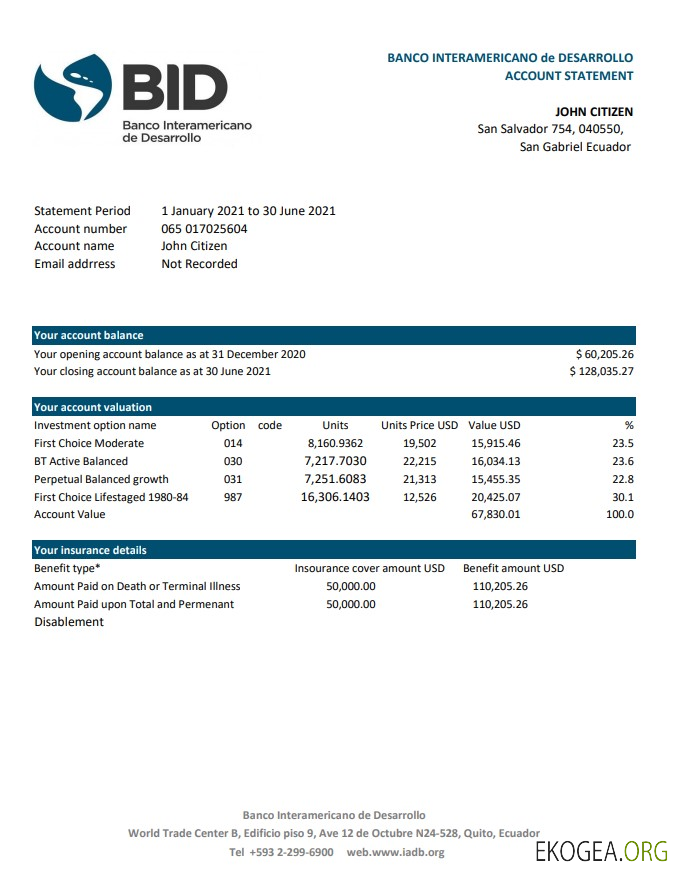 Équateur Banco Interamericano de Desarrollo Relevé bancaire BID modèle facile à remplir au format de fichier .xls et .pdf